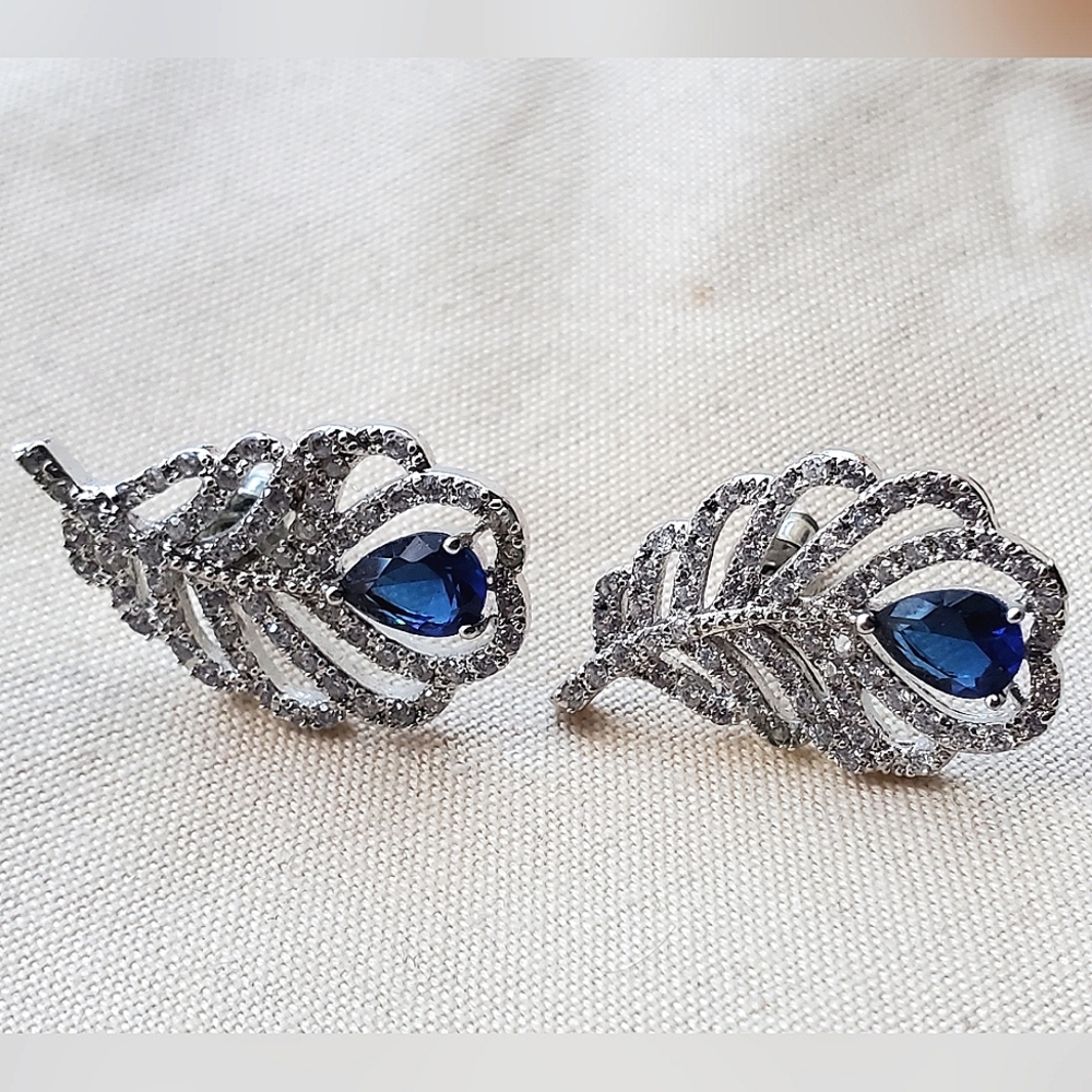 Sparkly Blue and Clear Rhinestone Peacock Feather Earrings